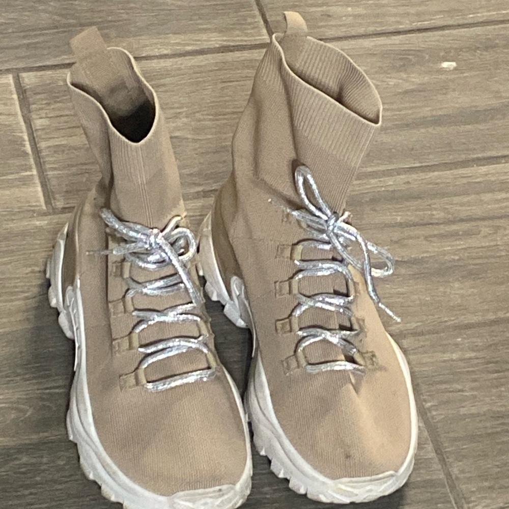 Beige High-Top Sneakers with White Soles
